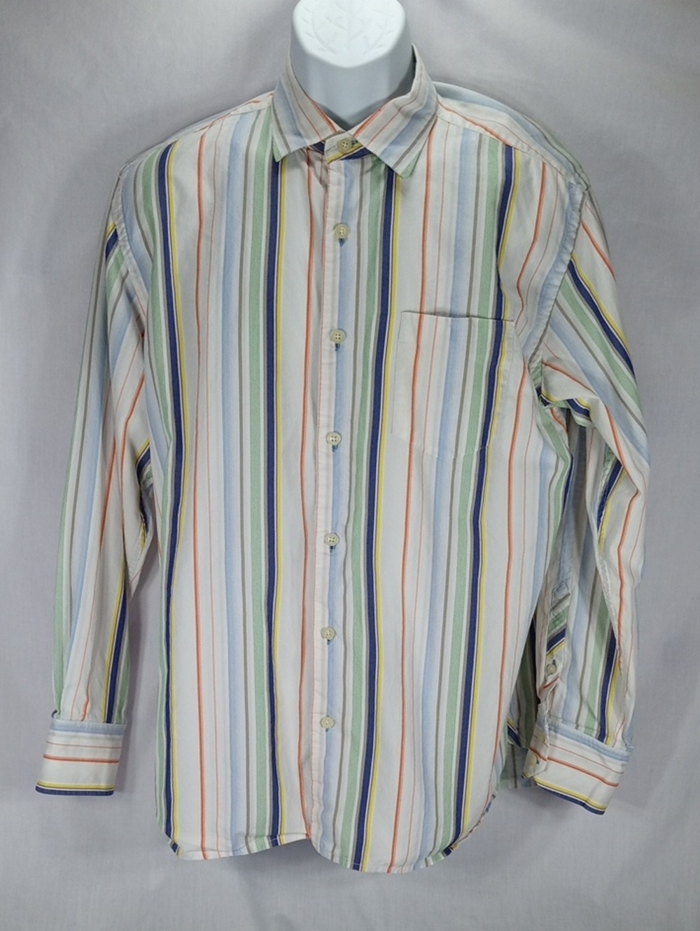 Tommy Bahama White Dress Shirt with Blue, Green & Orange Stripes M/M LS
